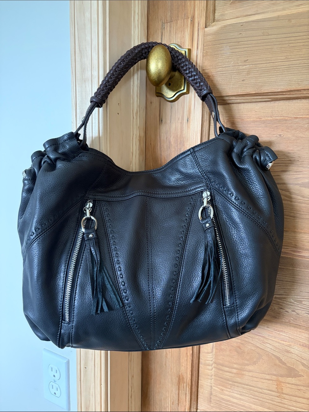 Black Leather Shoulder Hobo Bag with Braided Handle and Tassel Zippers